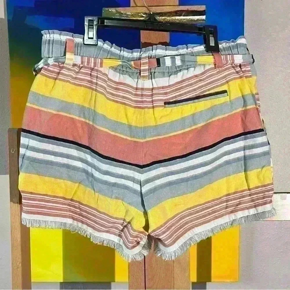 Ann Taylor Linen Beach Stripe Colorful Lounge Belted Shorts Elastic Waist Size 6 - Picture 2 of 5